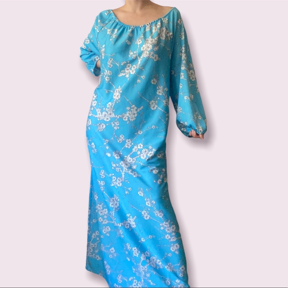 Vintage 70s Cherry Blossom Print Caftan Maxi Dress